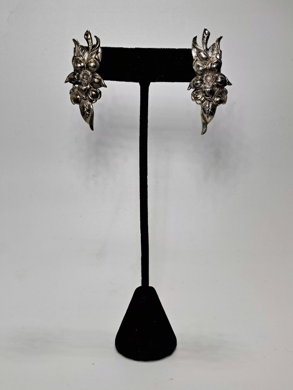 Antique Sterling Silver Gothic Floral Clip On Earrings